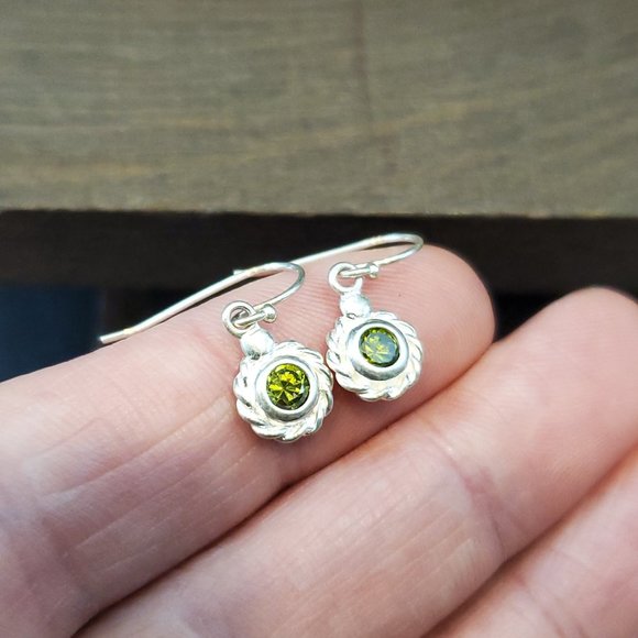 925 Sterling Silver Small Rustic Cute Green CZ Dangle Earrings - Picture 2 of 5